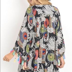 NWT Black Floral Kimono Wrap with Multi-color Tassels
